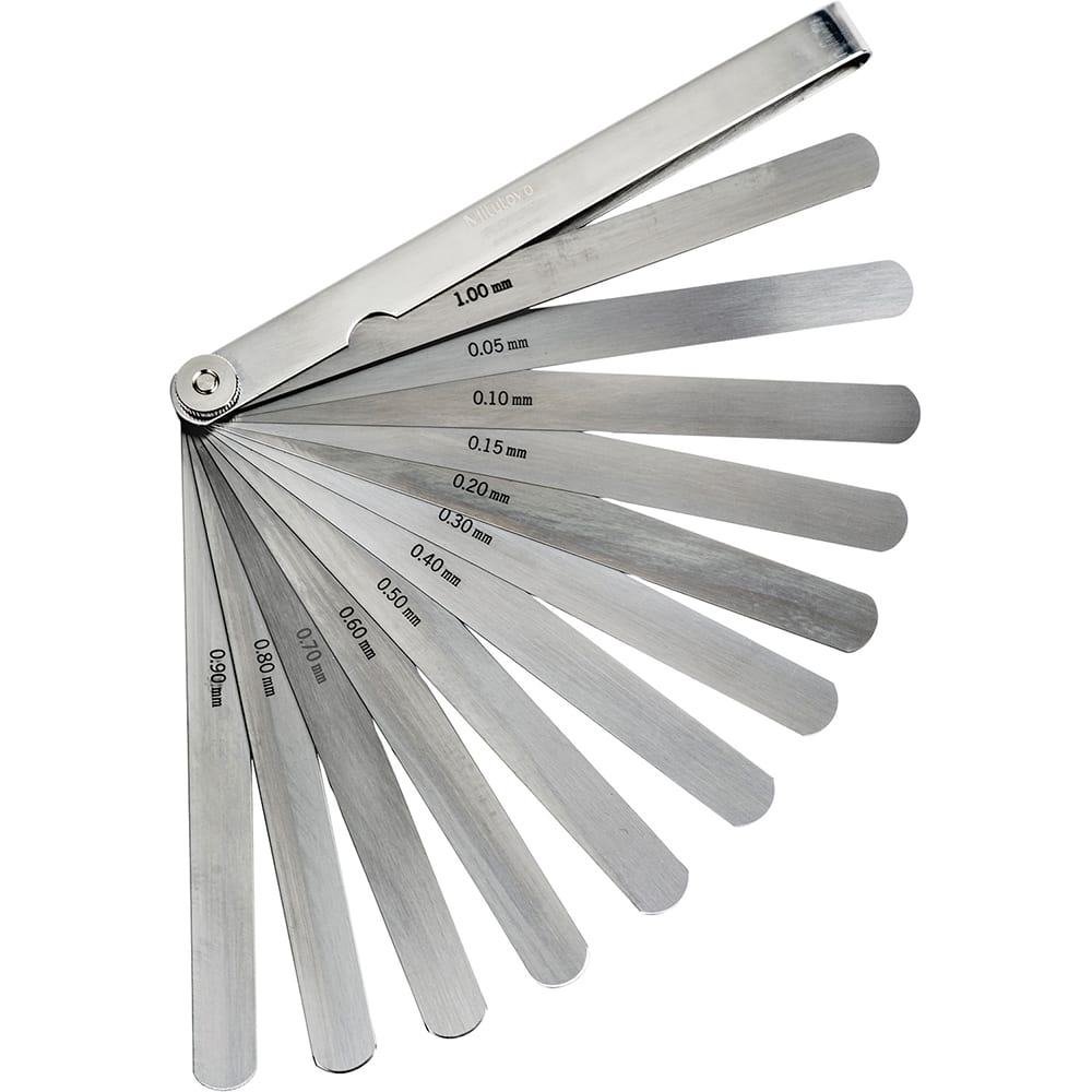 Mitutoyo - Feeler Gages; Leaf Length (mm): 150.00 ; Material: Stainless Steel ; Width (mm): 13.00 ; Width (Inch): 13 ; Tapered or Parallel: Parallel - Exact Tooling