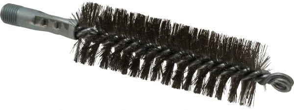 Schaefer Brush - 4-1/2" Brush Length, 1-1/2" Diam, Double Stem, Double Spiral Tube Brush - 7-1/4" Long, Stainless Steel, 1/4" NPSM Male Connection - Exact Tooling