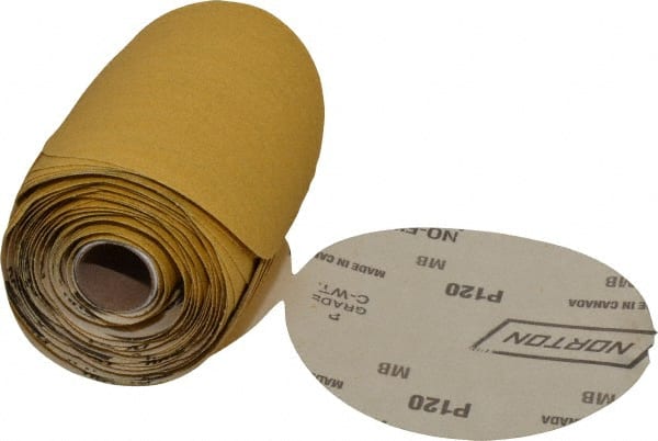 Norton - 5" Diam, 120 Grit Aluminum Oxide Adhesive PSA Disc - Medium Grade, Gold, C Weighted Backing, Flexible - Exact Tooling