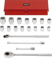 Proto - 19 Piece 3/4" Drive Chrome Finish Socket Set - 12 Points, 24mm to 46mm Range, Metric Measurement Standard - Exact Tooling