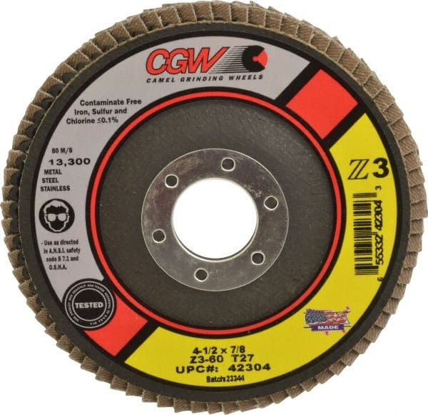Camel Grinding Wheels - 60 Grit, 4-1/2" Disc Diam, 7/8" Center Hole, Type 27 Zirconia Alumina Flap Disc - 13,300 Max RPM, Poly Cotton Backing, Arbor Attaching System, Coated - Exact Tooling