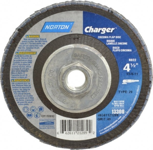 Norton - 40 Grit, 4-1/2" Disc Diam, 5/8-11 Center Hole, Type 29 Zirconia Alumina Flap Disc - 13,000 Max RPM, Fiberglass Backing, Arbor Attaching System, Coated - Exact Tooling