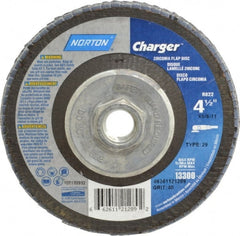 Norton - 40 Grit, 4-1/2" Disc Diam, 5/8-11 Center Hole, Type 29 Zirconia Alumina Flap Disc - 13,000 Max RPM, Fiberglass Backing, Arbor Attaching System, Coated - Exact Tooling