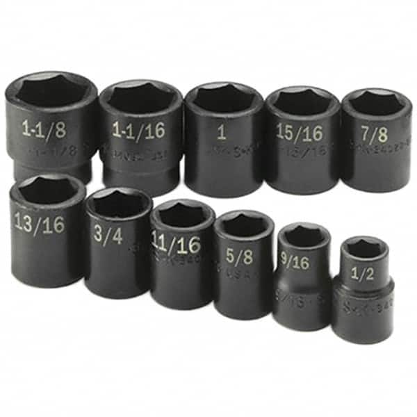 SK - 1/2" Drive Standard Impact Socket Set - 1/2 to 1-1/8", Inch Measurement Standard - Exact Tooling