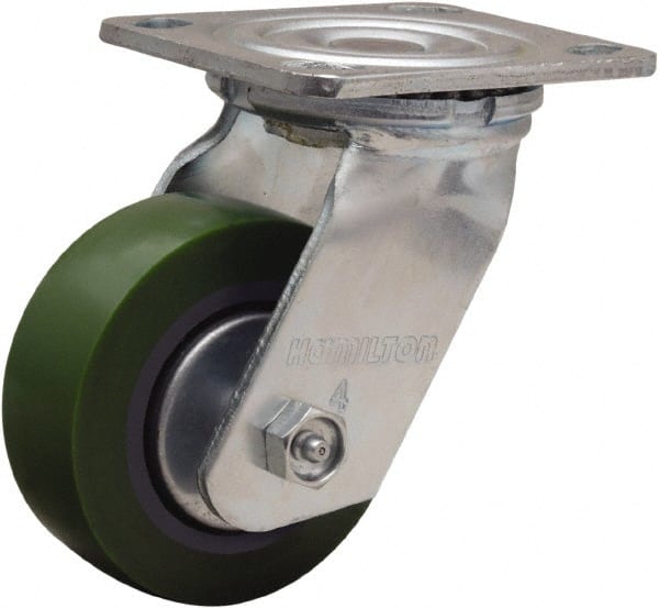 Hamilton - 4" Diam x 1-1/2" Wide x 5-5/8" OAH Top Plate Mount Swivel Caster - Polyurethane Mold onto Cast Iron Center, 675 Lb Capacity, Straight Roller Bearing, 4 x 4-1/2" Plate - Exact Tooling
