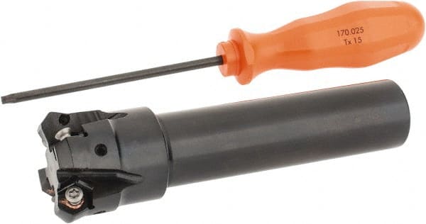 Kennametal - 45° Lead Angle, 39.93mm Max Cut Diam, 1-1/4" Min Cut Diam, 3.23mm Max Depth of Cut, Indexable Chamfer and Angle End Mill - 4 Inserts, HNGJ 0604ANENLD Insert Style, 132.08mm Overall Length, Through Coolant, Straight Shank - Exact Tooling