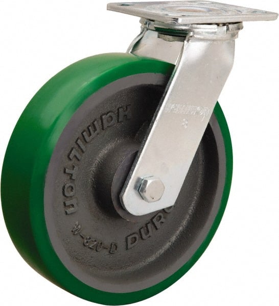 Hamilton - 8" Diam x 2" Wide x 9-1/2" OAH Top Plate Mount Swivel Caster - Polyurethane Mold onto Cast Iron Center, 900 Lb Capacity, Sealed Precision Ball Bearing, 4 x 4-1/2" Plate - Exact Tooling