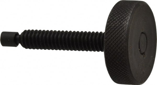 Gibraltar - 1/4-20 Knurled Shoulderless Swivel Pad Tip Steel Thumb Screw - 1-13/16" OAL, 1" Head Diam x 5/16" Head Height, Black Oxide Finish - Exact Tooling
