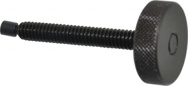 Gibraltar - 1/4-20 Knurled Shoulderless Swivel Pad Tip Steel Thumb Screw - 2-5/16" OAL, 1" Head Diam x 5/16" Head Height, Black Oxide Finish - Exact Tooling