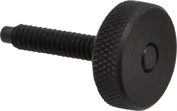 Gibraltar - #10-24 Knurled Shoulderless Dog Point Tip Grade 12L14 Steel Thumb Screw - 1-1/4" OAL, 3/4" Head Diam x 1/4" Head Height, Black Oxide Finish - Exact Tooling