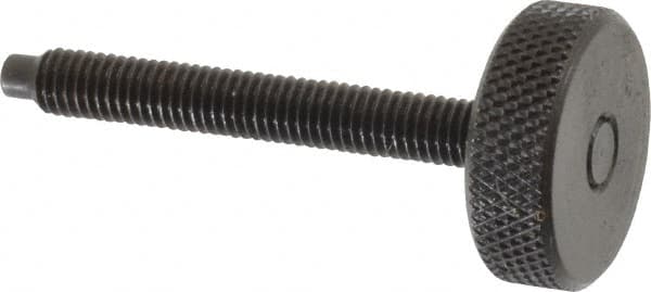 Gibraltar - #10-32 Knurled Shoulderless Dog Point Tip Grade 12L14 Steel Thumb Screw - 1-3/4" OAL, 3/4" Head Diam x 1/4" Head Height, Black Oxide Finish - Exact Tooling