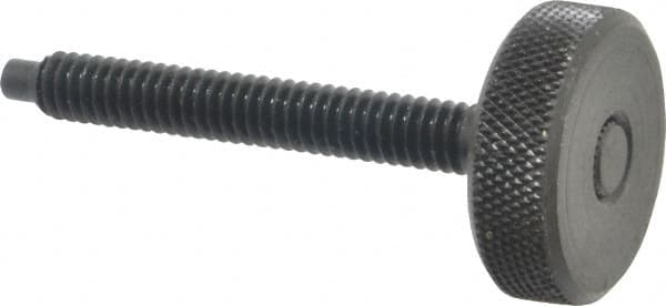 Gibraltar - 1/4-20 Knurled Shoulderless Dog Point Tip Grade 12L14 Steel Thumb Screw - 2-5/16" OAL, 1" Head Diam x 5/16" Head Height, Black Oxide Finish - Exact Tooling