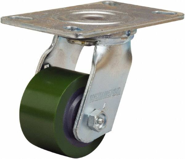 Hamilton - 3-1/4" Diam x 2" Wide x 5-1/4" OAH Top Plate Mount Swivel Caster - Polyurethane Mold onto Cast Iron Center, 575 Lb Capacity, Straight Roller Bearing, 4-1/2 x 6-1/4" Plate - Exact Tooling