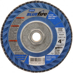 Norton - 36 Grit, 4-1/2" Disc Diam, 5/8-11 Center Hole, Type 27 Zirconia Alumina Flap Disc - 13,300 Max RPM, Cloth Backing, Arbor Attaching System, Coated - Exact Tooling