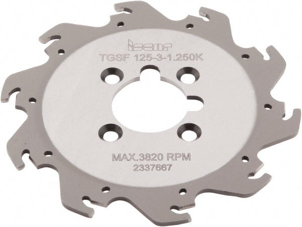 Iscar - Arbor Hole Connection, 0.118" Cutting Width, 1.36" Depth of Cut, 4.921" Cutter Diam, 1-1/4" Hole Diam, 10 Tooth Indexable Slotting Cutter - TGSF Toolholder, TAG N3\x85 Insert, Right Hand Cutting Direction - Exact Tooling
