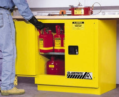Justrite - 2 Door, 1 Shelf, Yellow Steel Under the Counter Safety Cabinet for Flammable and Combustible Liquids - 35" High x 35" Wide x 22" Deep, Manual Closing Door, 22 Gal Capacity - Exact Tooling