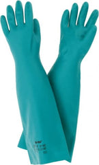 Ansell - Size M (8), 18" Long, 22 mil Thick, Nitrile Chemical Resistant Gloves - Textured Finish, Straight Cuff, ANSI Abrasion Level 5, ANSI Cut Level 0, Green, FDA Approved - Exact Tooling