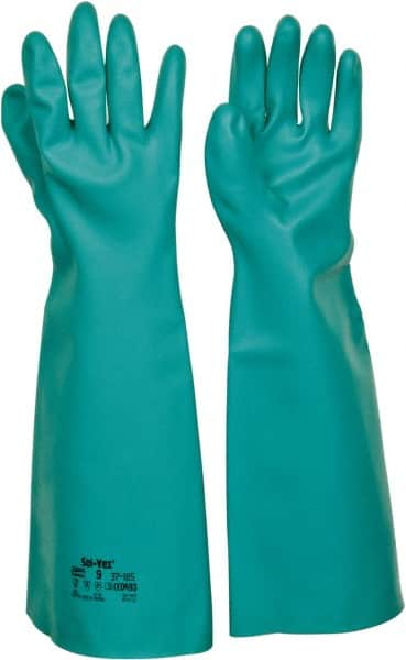 Ansell - Size L (9), 18" Long, 22 mil Thick, Nitrile Chemical Resistant Gloves - Textured Finish, Straight Cuff, ANSI Abrasion Level 5, ANSI Cut Level 0, Green, FDA Approved - Exact Tooling