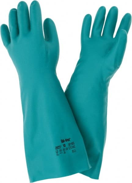 Ansell - Size XL (10), 18" Long, 22 mil Thick, Nitrile Chemical Resistant Gloves - Textured Finish, Straight Cuff, ANSI Abrasion Level 5, ANSI Cut Level 0, Green, FDA Approved - Exact Tooling