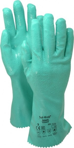 Ansell - Size S (7), 12" Long, 47 mil Thick, Supported, Nitrile Chemical Resistant Gloves - Textured Finish, Cotton Interlock Knit Lined, Gauntlet Cuff, ANSI Abrasion Level 4, ANSI Cut Level 1, Green, FDA Approved - Exact Tooling