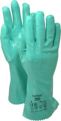 Ansell - Size S (7), 12" Long, 47 mil Thick, Supported, Nitrile Chemical Resistant Gloves - Textured Finish, Cotton Interlock Knit Lined, Gauntlet Cuff, ANSI Abrasion Level 4, ANSI Cut Level 1, Green, FDA Approved - Exact Tooling