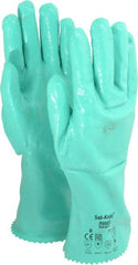 Ansell - Size M (8), 12" Long, 47 mil Thick, Supported, Nitrile Chemical Resistant Gloves - Textured Finish, Cotton Interlock Knit Lined, Gauntlet Cuff, ANSI Abrasion Level 4, ANSI Cut Level 1, Green, FDA Approved - Exact Tooling