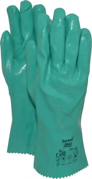 Ansell - Size L (9), 12" Long, 47 mil Thick, Supported, Nitrile Chemical Resistant Gloves - Textured Finish, Cotton Interlock Knit Lined, Gauntlet Cuff, ANSI Abrasion Level 4, ANSI Cut Level 1, Green, FDA Approved - Exact Tooling