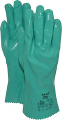 Ansell - Size L (9), 12" Long, 47 mil Thick, Supported, Nitrile Chemical Resistant Gloves - Textured Finish, Cotton Interlock Knit Lined, Gauntlet Cuff, ANSI Abrasion Level 4, ANSI Cut Level 1, Green, FDA Approved - Exact Tooling