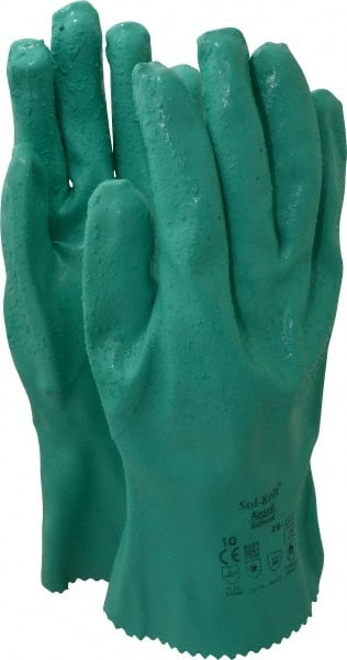 Ansell - Size XL (10), 12" Long, 47 mil Thick, Supported, Nitrile Chemical Resistant Gloves - Textured Finish, Cotton Interlock Knit Lined, Gauntlet Cuff, ANSI Abrasion Level 4, ANSI Cut Level 1, Green, FDA Approved - Exact Tooling