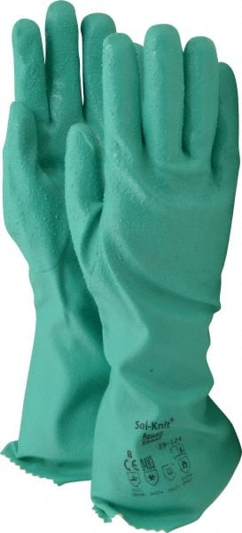 Ansell - Size M (8), 14" Long, 47 mil Thick, Supported, Nitrile Chemical Resistant Gloves - Textured Finish, Cotton Interlock Knit Lined, Gauntlet Cuff, ANSI Abrasion Level 4, ANSI Cut Level 1, Green, FDA Approved - Exact Tooling