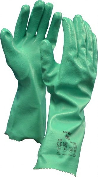 Ansell - Size XL (10), 14" Long, 47 mil Thick, Supported, Nitrile Chemical Resistant Gloves - Textured Finish, Cotton Interlock Knit Lined, Gauntlet Cuff, ANSI Abrasion Level 4, ANSI Cut Level 1, Green, FDA Approved - Exact Tooling