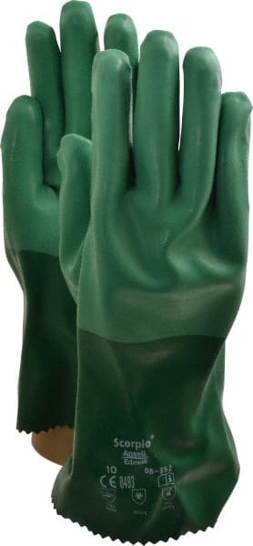 Ansell - Size XL (10), 12" Long, 55 mil Thick, Supported, Neoprene Chemical Resistant Gloves - Textured Finish, Cotton Interlock Knit Lined, Gauntlet Cuff, ANSI Abrasion Level 3, ANSI Cut Level 1, Green - Exact Tooling