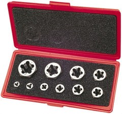 Cle-Line - 1/4-20 to 1-8 UNC, Hex Die Set - Carbon Steel, 10 Piece Set, Comes with Plastic Case - Exact Tooling