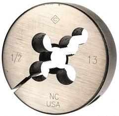 Cle-Line - 1/2-13 UNC Thread, 2" Outside Diam Carbon Steel Round Die - 5/8" Thick, Right Hand Thread, Adjustable - Exact Tooling
