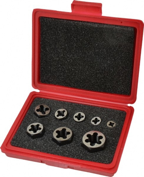 Cle-Line - 1/4-20 to 3/4-10 UNC, Hex, Round Die Set - Carbon Steel, 8 Piece Set, Comes with Plastic Case - Exact Tooling