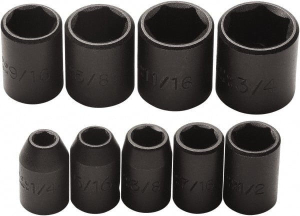 Proto - 9 Piece 3/8" Drive Impact Socket Set - 6 Points, 1/4" to 3/4" Range, Inch Measurement Standard - Exact Tooling