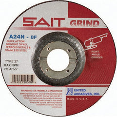 Sait - 24 Grit, 6" Wheel Diam, 1/4" Wheel Thickness, 7/8" Arbor Hole, Type 27 Depressed Center Wheel - Aluminum Oxide, Resinoid Bond, N Hardness, 10,200 Max RPM, Compatible with Angle Grinder - Exact Tooling