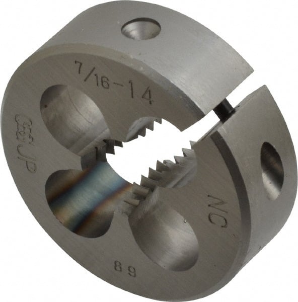 OSG - 7/16-14 UNC Thread, 1-1/2" Outside Diam High Speed Steel Round Die - 1/2" Thick, Right Hand Thread - Exact Tooling