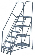 PW Platforms - 9 Step Ladder - Rolling Safety Stock Picking Ladder, 300 Lb Capacity, 90" Platform Height, 32" Base Width x 76" Base Depth, Perforated Tread - Exact Tooling