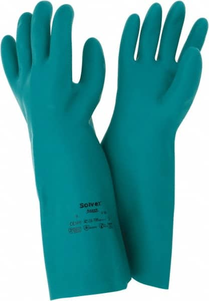 Ansell - Size L (9), 15" Long, 22 mil Thick, Nitrile Chemical Resistant Gloves - Textured Finish, Straight Cuff, ANSI Abrasion Level 5, ANSI Cut Level 0, Green, FDA Approved - Exact Tooling