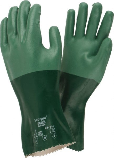 Ansell - Size M (8), 12" Long, 55 mil Thick, Supported, Neoprene Chemical Resistant Gloves - Textured Finish, Cotton Interlock Knit Lined, Gauntlet Cuff, ANSI Abrasion Level 3, ANSI Cut Level 1, Green - Exact Tooling