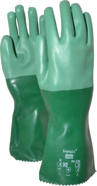 Ansell - Size M (8), 14" Long, 55 mil Thick, Supported, Neoprene Chemical Resistant Gloves - Textured Finish, Cotton Interlock Knit Lined, Gauntlet Cuff, ANSI Abrasion Level 3, ANSI Cut Level 1, Green - Exact Tooling