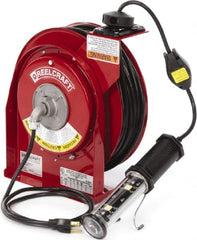Reelcraft - 16 AWG, 50' Cable Length, Cord & Cable Reel with LED Light End - 1 Outlet, NEMA 5-15R, 13 Amps, 125 Volts, SJTOW Cable, Red Reel, Spring Driven Reel - Exact Tooling