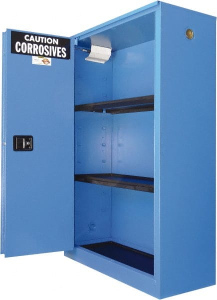 Securall Cabinets - 2 Door, 2 Shelf, Blue Steel Standard Safety Cabinet for Corrosive Chemicals - 65" High x 43" Wide x 18" Deep, Sliding Door, 3 Point Key Lock, 45 Gal Capacity - Exact Tooling