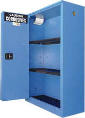 Securall Cabinets - 2 Door, 2 Shelf, Blue Steel Standard Safety Cabinet for Corrosive Chemicals - 65" High x 43" Wide x 18" Deep, Sliding Door, 3 Point Key Lock, 45 Gal Capacity - Exact Tooling