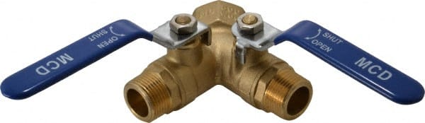 Midwest Control - 3/4 x 1" Pipe, Standard Port, Brass Standard Ball Valve - 2 Piece, Three Way, FNPT x MNPT x MNPT Ends, Lever Handle, 600 WOG, 150 WSP - Exact Tooling