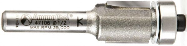 Amana Tool - 1/2" Cut Diam, 1/2" Length of Cut, 2 Flute Flush Trim Edge Profile Router Bit - Carbide-Tipped, 1/4" Shank Diam, 2-1/4" OAL, Uncoated - Exact Tooling