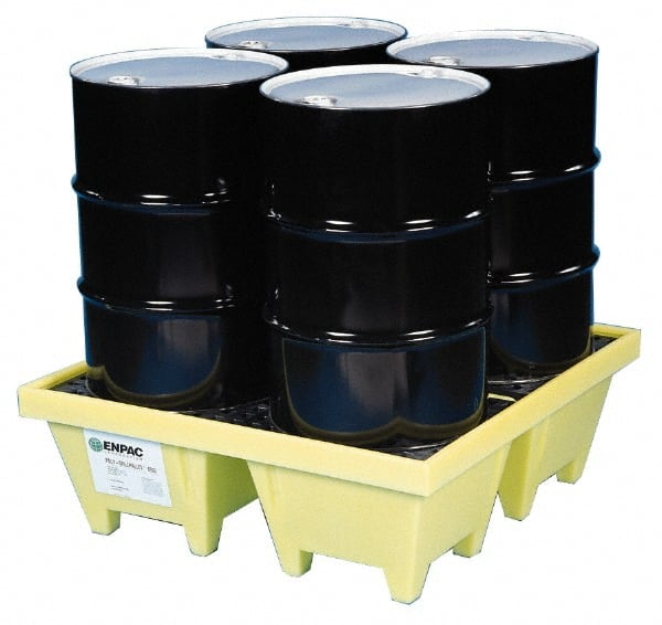 Enpac - 83 Gal Sump, 6,000 Lb Capacity, 4 Drum, Plastic Spill Deck or Pallet - 50" Long x 50" Wide x 13.43" High, Yellow, Liftable Fork, Vertical, 2 x 2 Drum Configuration - Exact Tooling