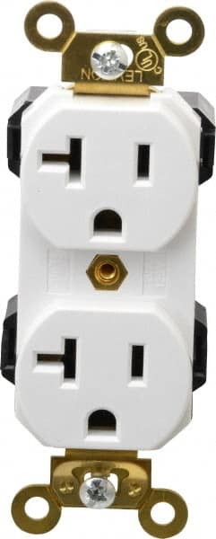 Leviton - 125 VAC, 20 Amp, 5-20R NEMA Configuration, White, Industrial Grade, Self Grounding Duplex Receptacle - 1 Phase, 2 Poles, 3 Wire, Flush Mount, Impact and Tamper Resistant - Exact Tooling