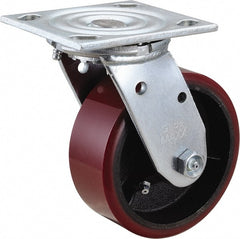 Value Collection - 5" Diam x 2" Wide x 6-1/2" OAH Top Plate Mount Swivel Caster - Polyurethane, 500 Lb Capacity, Roller Bearing, 4 x 4-1/2" Plate - Exact Tooling